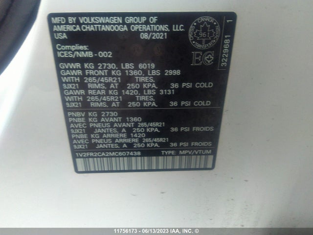 1V2FR2CA2MC607438 Volkswagen ATLAS