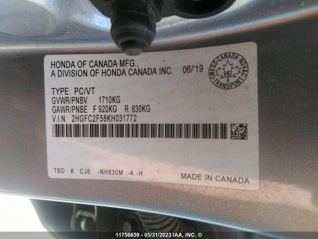 Honda Civic Lx 2019 2HGFC2F58KH031772 Image 9