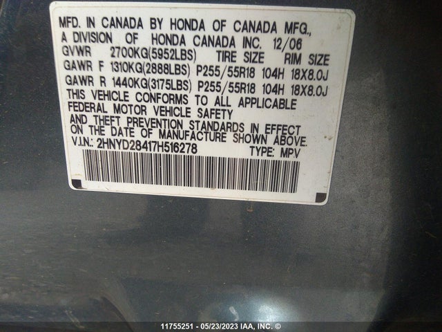 11755251 :رقم المزاد ، 2HNYD28417H516278 vin ، 2007 Acura Mdx Technology مزاد بيع