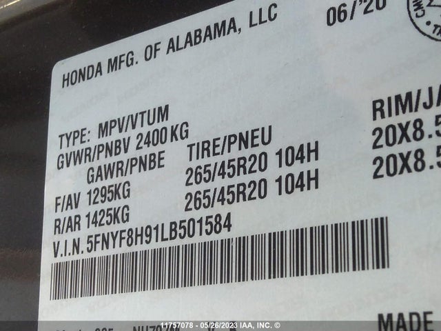 Honda Passport Touring 2020 5FNYF8H91LB501584 Image 9