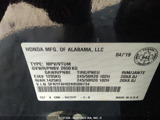 Honda Pilot Elite 2019 5FNYF6H02KB506734 Image 9