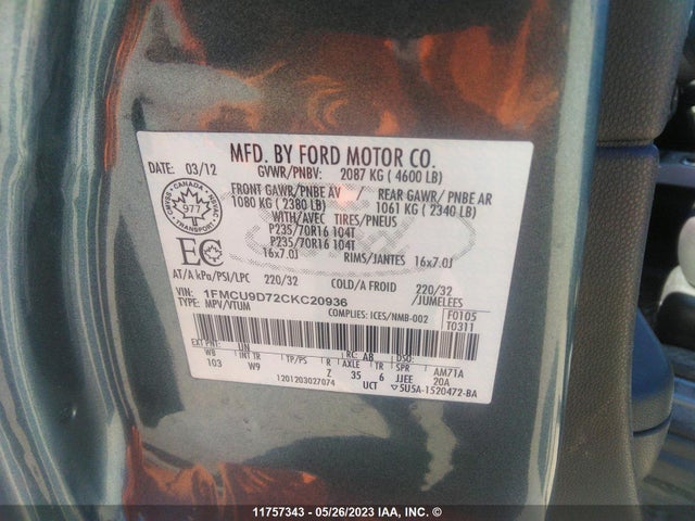 Продаж на аукціоні авто 2012 Ford Escape Xlt, vin: 1FMCU9D72CKC20936, номер лоту: 11757343