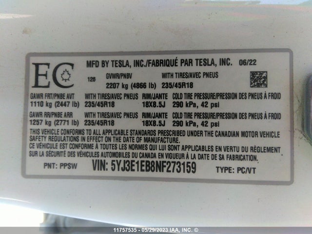 Tesla MODEL 3 2022 5YJ3E1EB8NF273159 Image 11