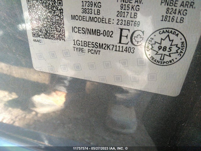 Chevrolet CRUZE LT 2019 1G1BE5SM2K7111403 Image 9