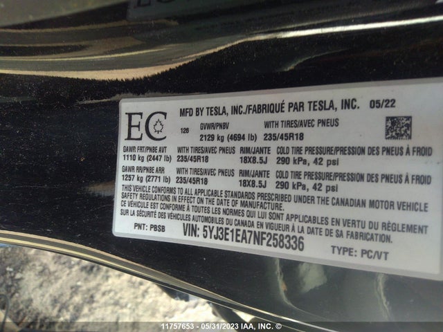 5YJ3E1EA7NF258336 Tesla MODEL 3