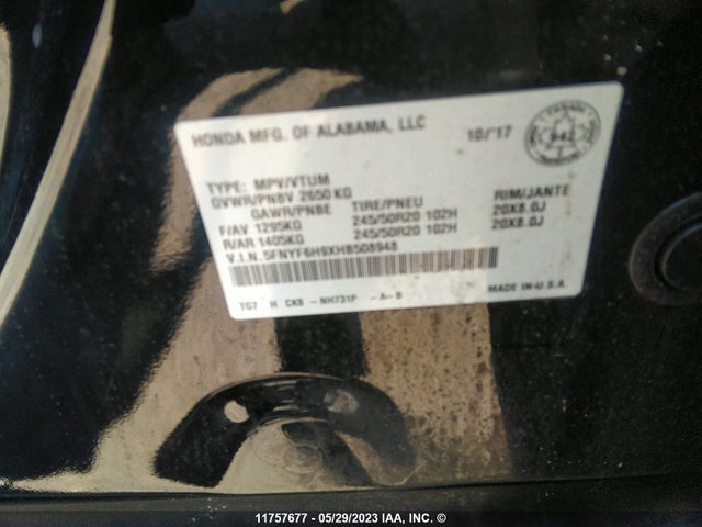 Honda Pilot Touring 2017 5FNYF6H9XHB508948 Image 9