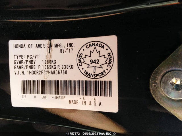 Honda ACCORD EX 2017 1HGCR2F02HA806760 Image 9