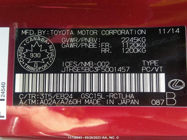Lexus RC 350 2015 JTHSE5BC3F5001457 Image 9