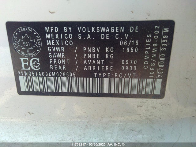 3VWG57AU9KM026605 Volkswagen GOLF S/SE