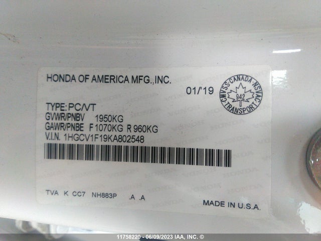 Honda ACCORD LX 2019 1HGCV1F19KA802548 Image 9