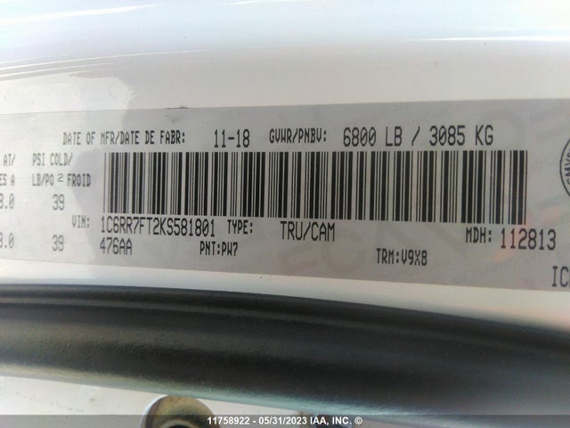 1C6RR7FT2KS581801 RAM 1500 Classic Tradesman