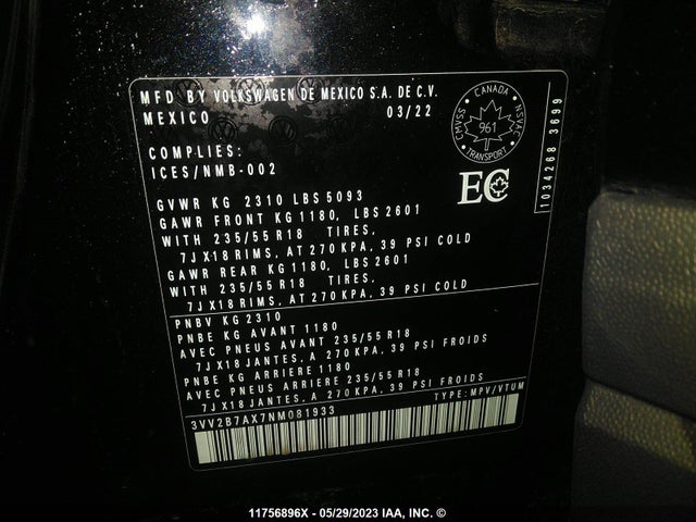 3VV2B7AX7NM081933 Volkswagen TIGUAN SE