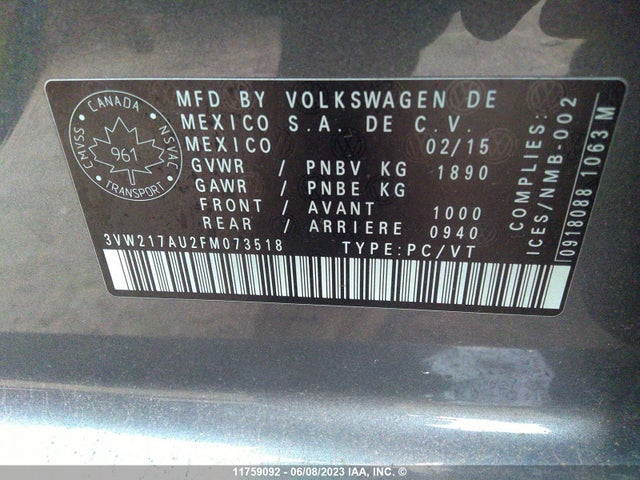 3VW217AU2FM073518 Volkswagen GOLF