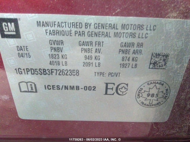 Chevrolet CRUZE LT 2015 1G1PD5SB3F7262358 Image 11