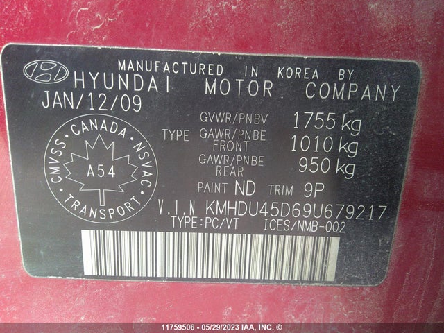 Aukcja sprzedaży 2009 Hyundai Elantra Gls/se, vin: KMHDU45D69U679217, numer aukcji: 11759506