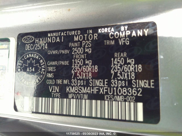 Hyundai Santa Fe Gls 2015 KM8SM4HFXFU108362 Image 11
