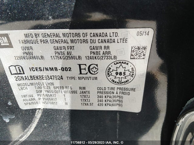 Aukcja sprzedaży 2014 Chevrolet Equinox Lt, vin: 2GNALBEK8E6347924, numer aukcji: 11756812