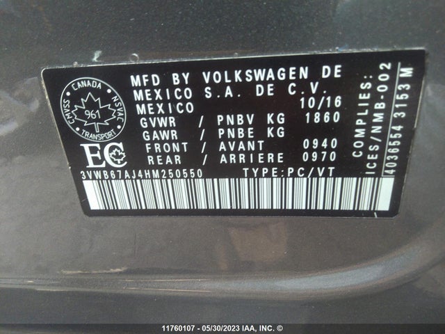 3VWB67AJ4HM250550 Volkswagen JETTA SE