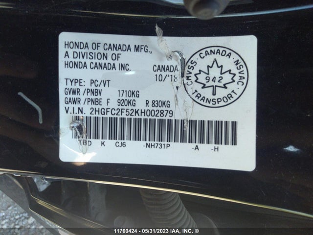 Honda Civic Lx 2019 2HGFC2F52KH002879 Image 9