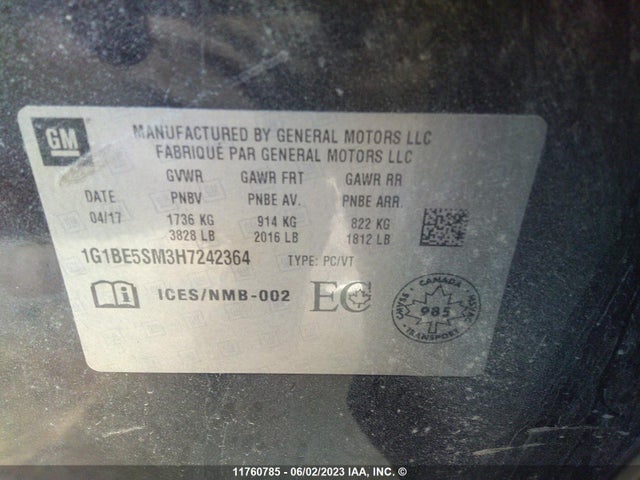 Chevrolet CRUZE LT 2017 1G1BE5SM3H7242364 Image 9