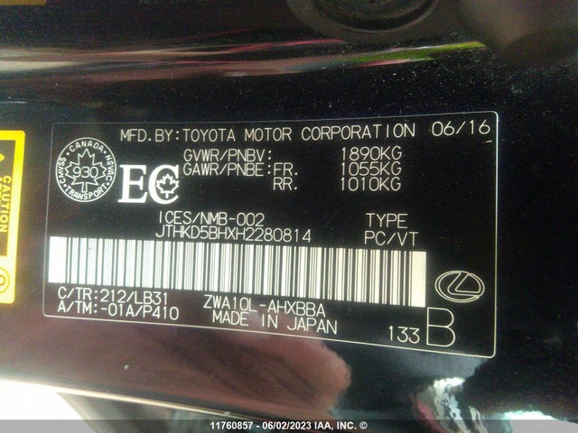 JTHKD5BHXH2280814 Lexus CT 200