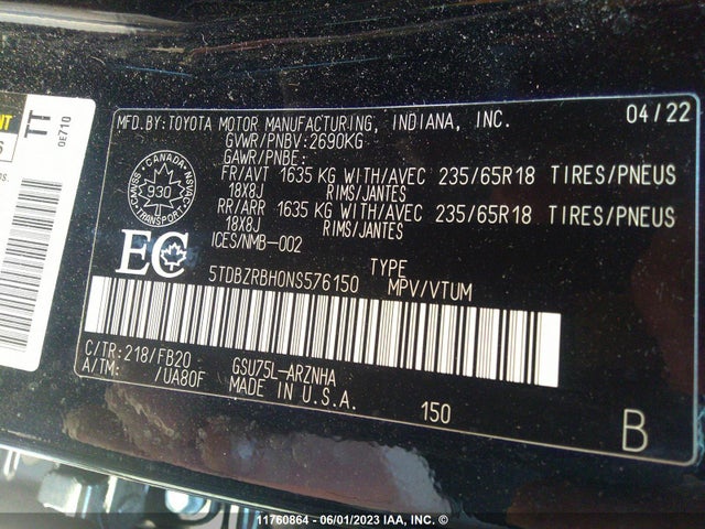 Toyota Highlander L/le 2022 5TDBZRBH0NS576150 Image 9