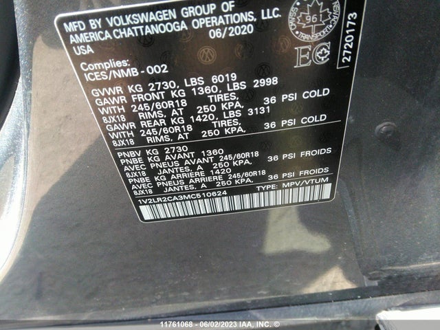 1V2LR2CA3MC510624 Volkswagen Atlas Comfortline