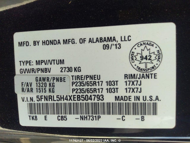 Honda ODYSSEY EX 2014 5FNRL5H4XEB504793 Image 9