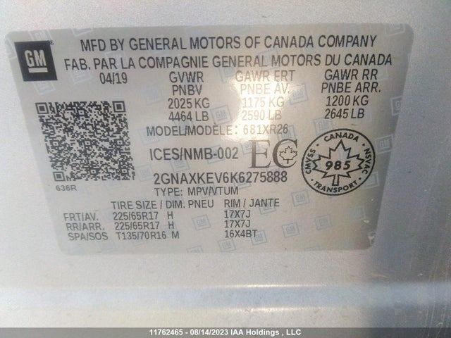 Chevrolet EQUINOX LT 2019 2GNAXKEV6K6275888 Image 10