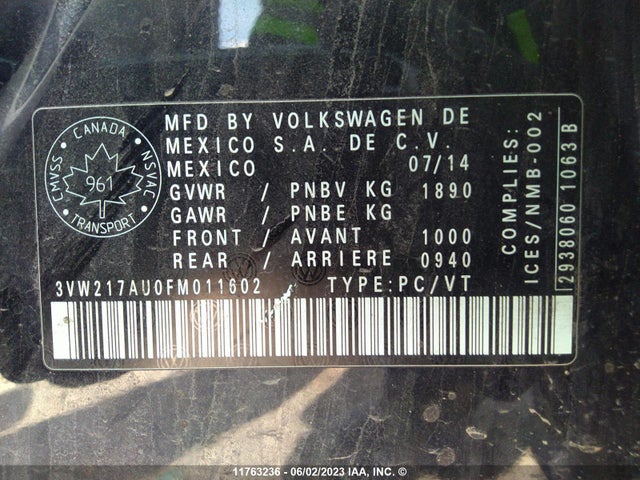 3VW217AU0FM011602 Volkswagen GOLF