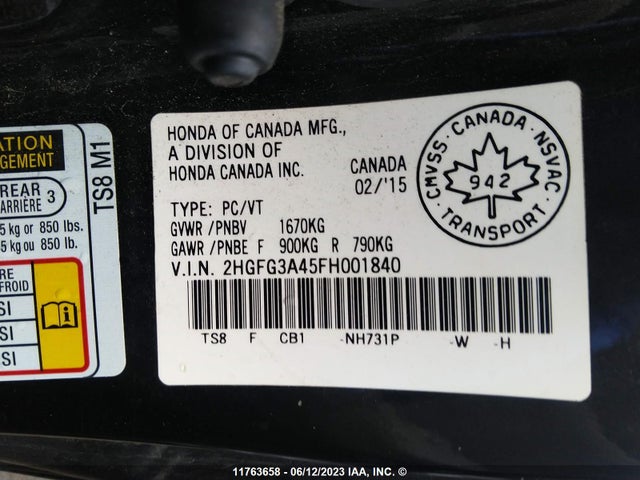 Honda Civic Lx 2015 2HGFG3A45FH001840 Image 9