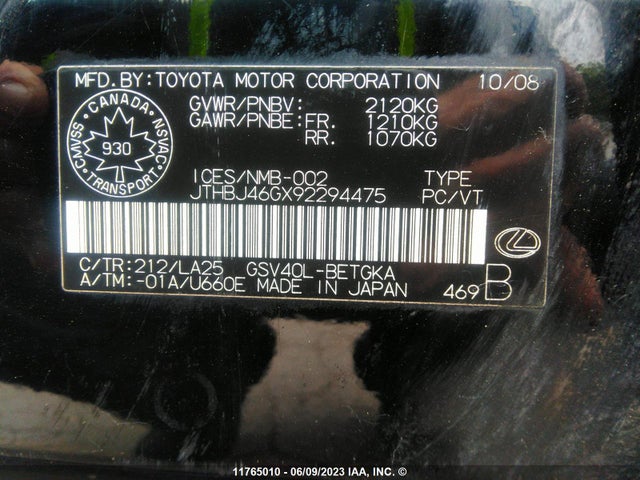 Aukcja sprzedaży 2009 Lexus Es 350, vin: JTHBJ46GX92294475, numer aukcji: 11765010