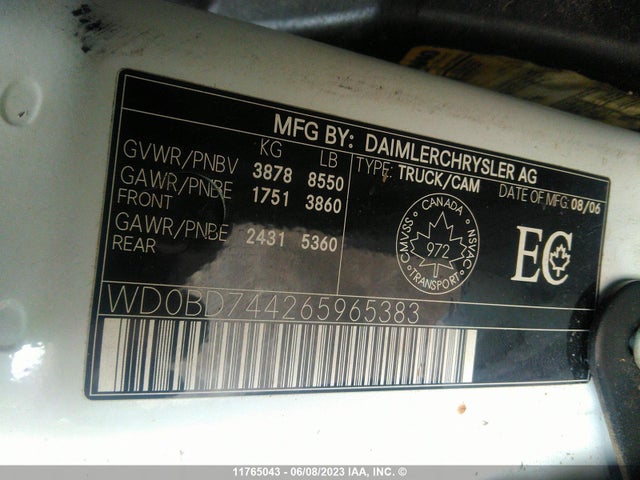 Продаж на аукціоні авто 2006 Dodge Sprinter, vin: WD0BD744265965383, номер лоту: 11765043