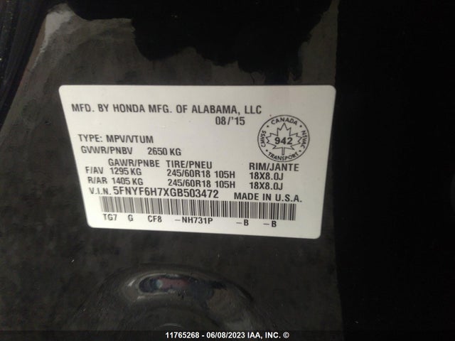 Honda PILOT EXLN 2016 5FNYF6H7XGB503472 Image 9