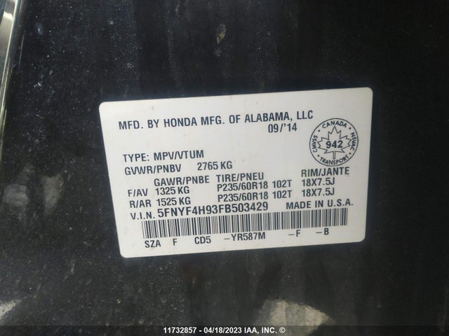 Honda Pilot Touring 2015 5FNYF4H93FB503429 Image 10
