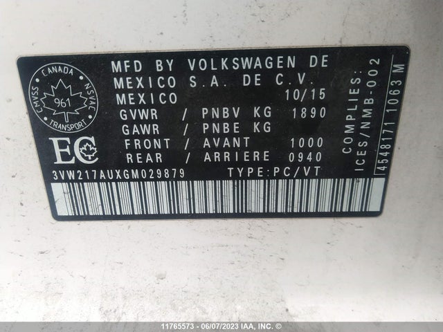 Volkswagen Golf S/se/sel 2016 3VW217AUXGM029879 Image 9
