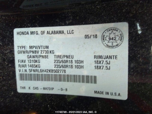 Honda ODYSSEY EX 2019 5FNRL6H42KB502778 Image 9