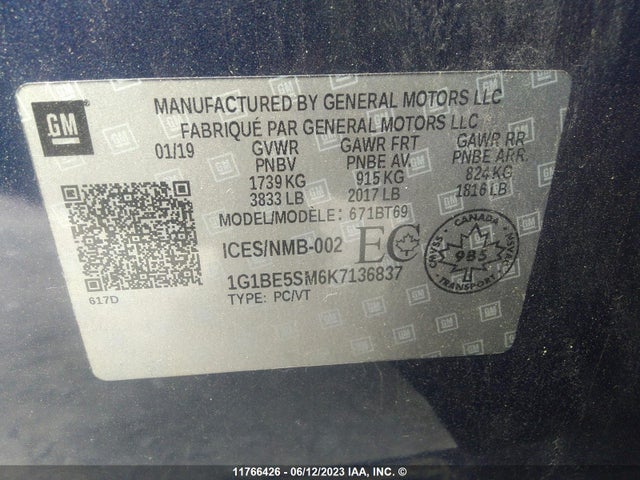 Chevrolet CRUZE LT 2019 1G1BE5SM6K7136837 Image 9
