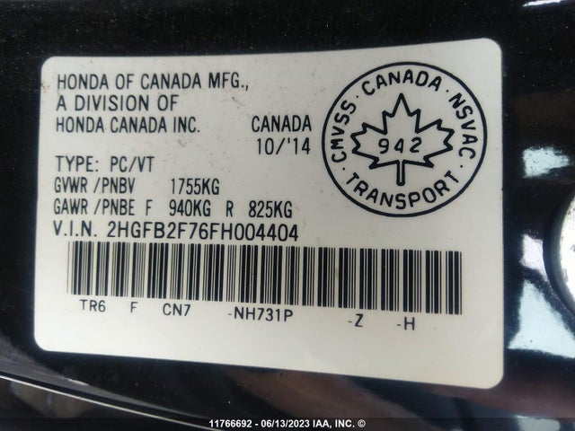 Honda CIVIC SE 2015 2HGFB2F76FH004404 Image 11