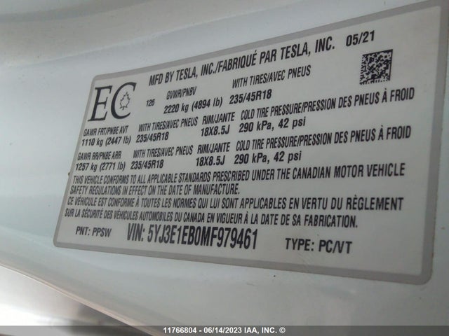 5YJ3E1EB0MF979461 Tesla MODEL 3