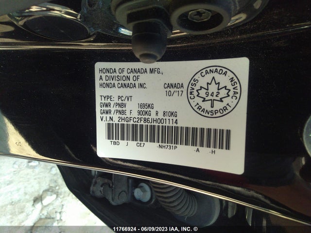 Honda CIVIC EX 2018 2HGFC2F86JH001114 Image 10