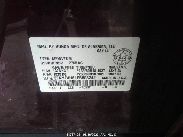 Honda PILOT EXL 2015 5FNYF4H61FB503242 Image 10