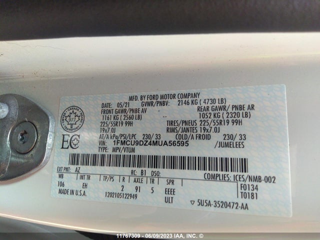 Ford Escape Titanium 2021 1FMCU9DZ4MUA56595 Image 10