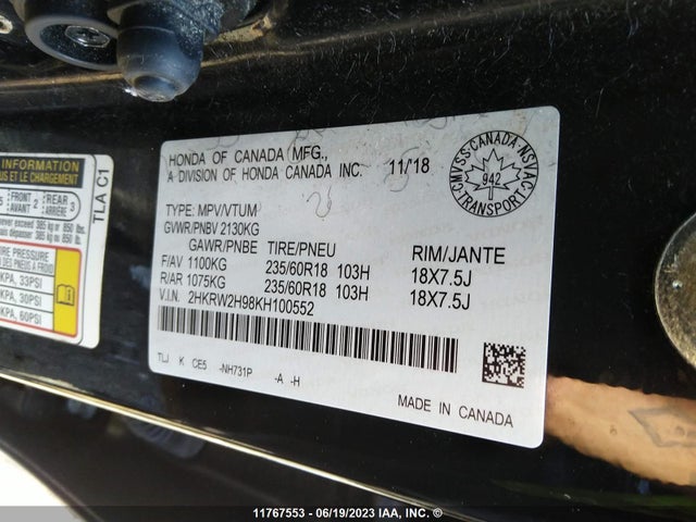 Honda Cr-v Touring 2019 2HKRW2H98KH100552 Image 11