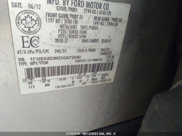 11767619 :رقم المزاد ، 1FM5K8D86DGA72540 vin ، 2013 Ford Explorer Xlt مزاد بيع