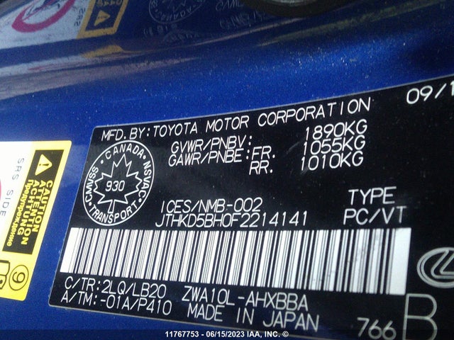 JTHKD5BH0F2214141 Lexus CT 200