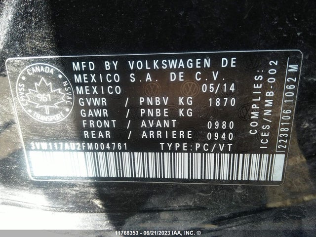 3VW117AU2FM004761 Volkswagen GOLF