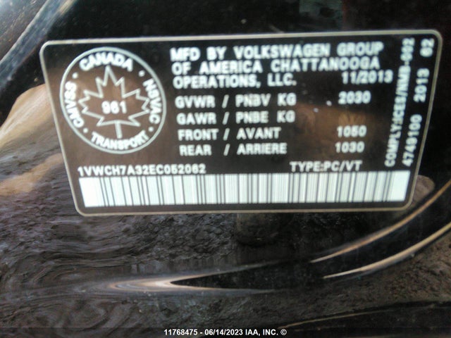 1VWCH7A32EC052062 Volkswagen PASSAT SEL