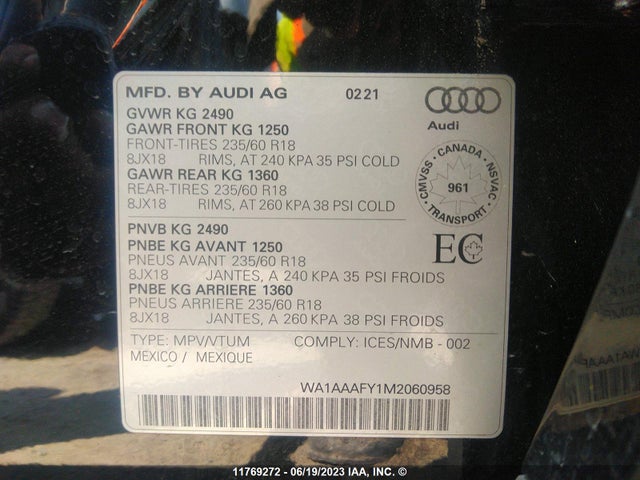 WA1AAAFY1M2060958 Audi Q5 PREMIUM