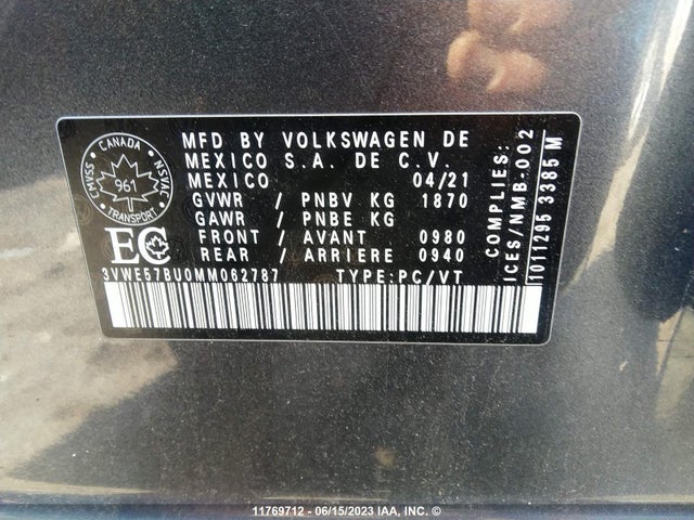 Aukcja sprzedaży 2021 Volkswagen Jetta Sel, vin: 3VWE57BU0MM062787, numer aukcji: 11769712